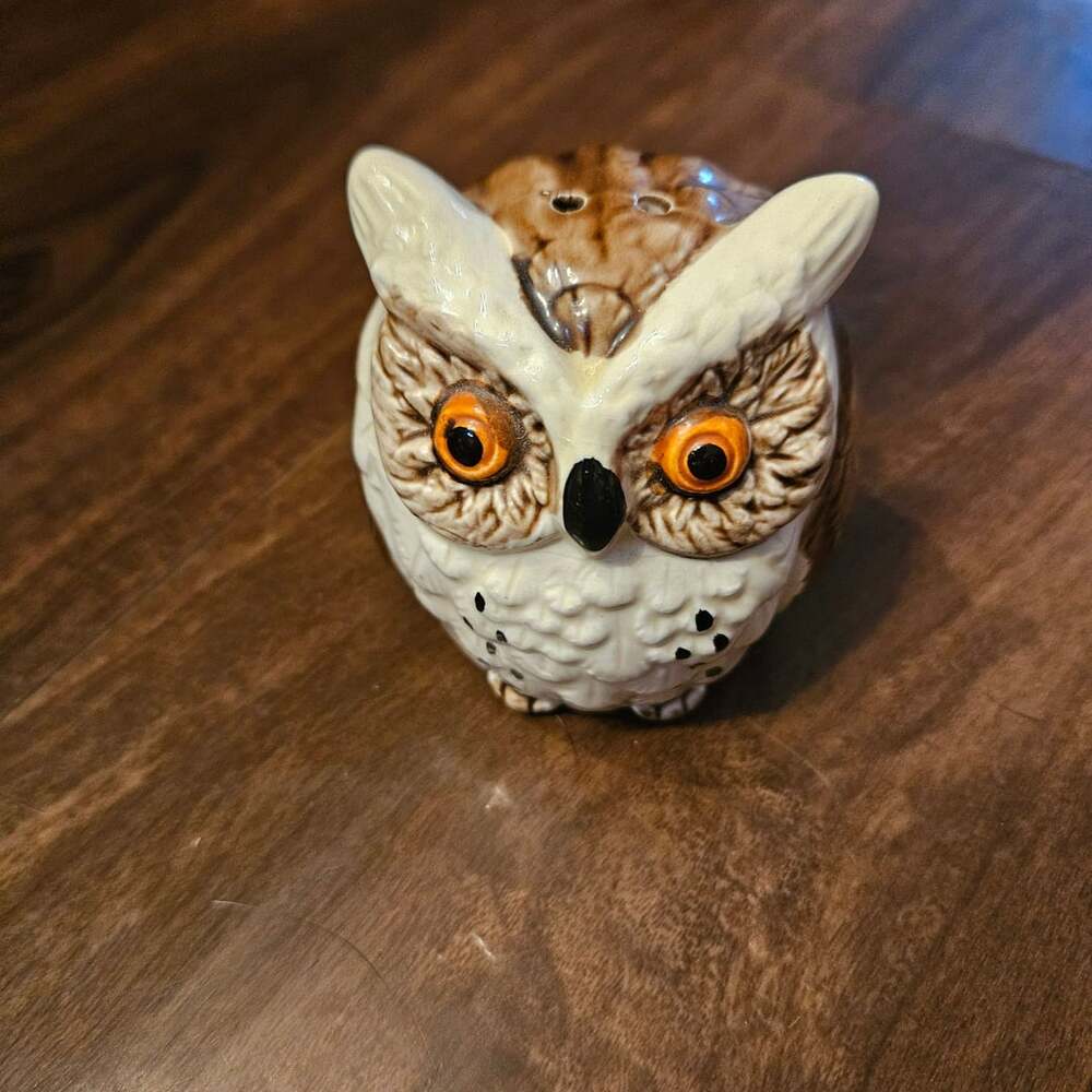 Vintage Ceramic Owl Salt Pepper Shaker Japan Brown White Orange Eyes (1)